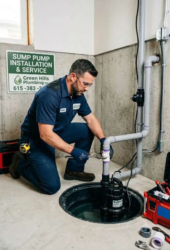 Professional plumber installing and repairing a sump pump system in a basement for reliable flood protection and water management
